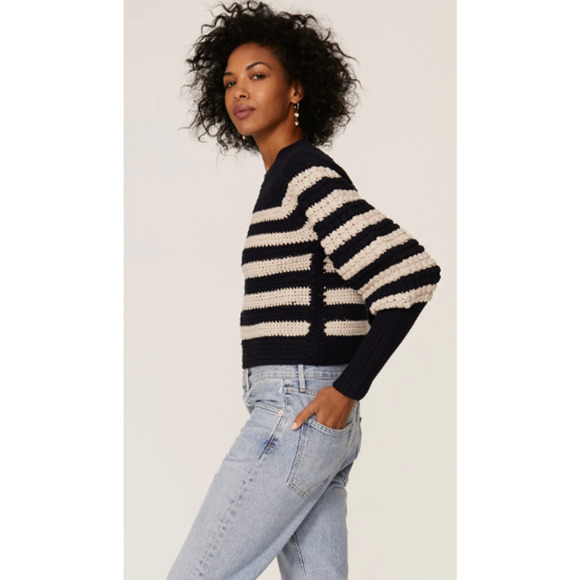 Sea Size XL Reese Popcorn Sweater Navy Cream Striped 100% Wool Knit Long Sleeves - Picture 12 of 12